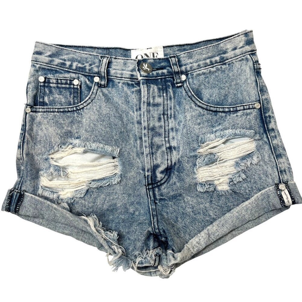 One Teaspoon denim jean shorts distressed ripped Rolled hem High Rise Size 24